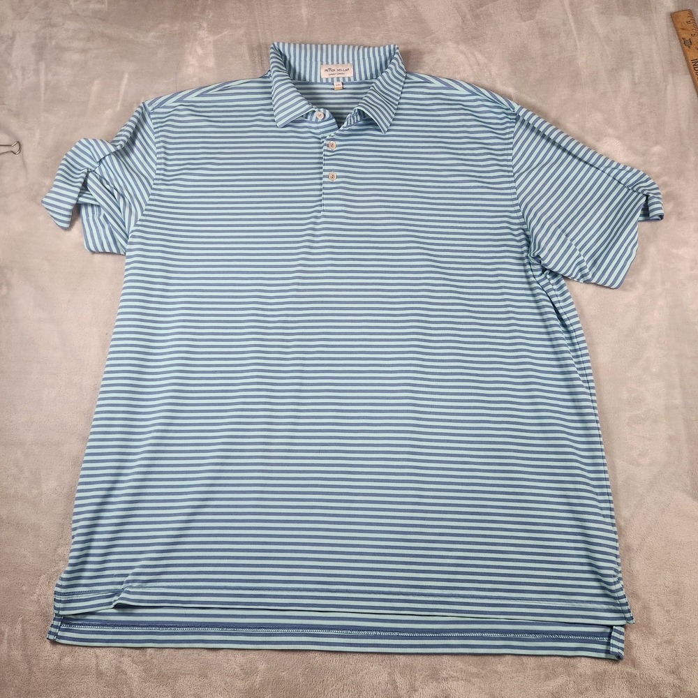 Peter Millar Polo Shirt Mens 2XL Blue Stripe Summer Comfort Golf Performance‎